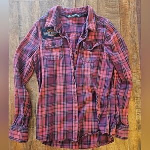 Harley Davidson Distressed Red Plaid Button-Up Flannel